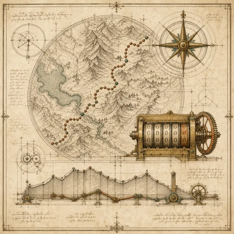 Engraved plate of a map with a dotted route and compass rose