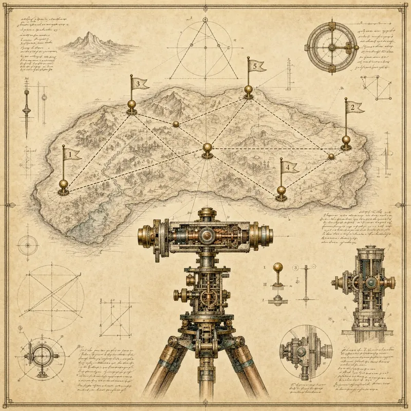 Engraved plate of a surveyor's map with pin markers and a theodolite