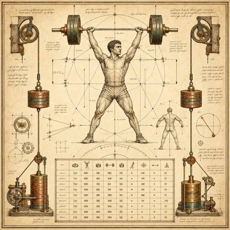 Engraved anatomical study of a figure lifting a barbell with pulleys