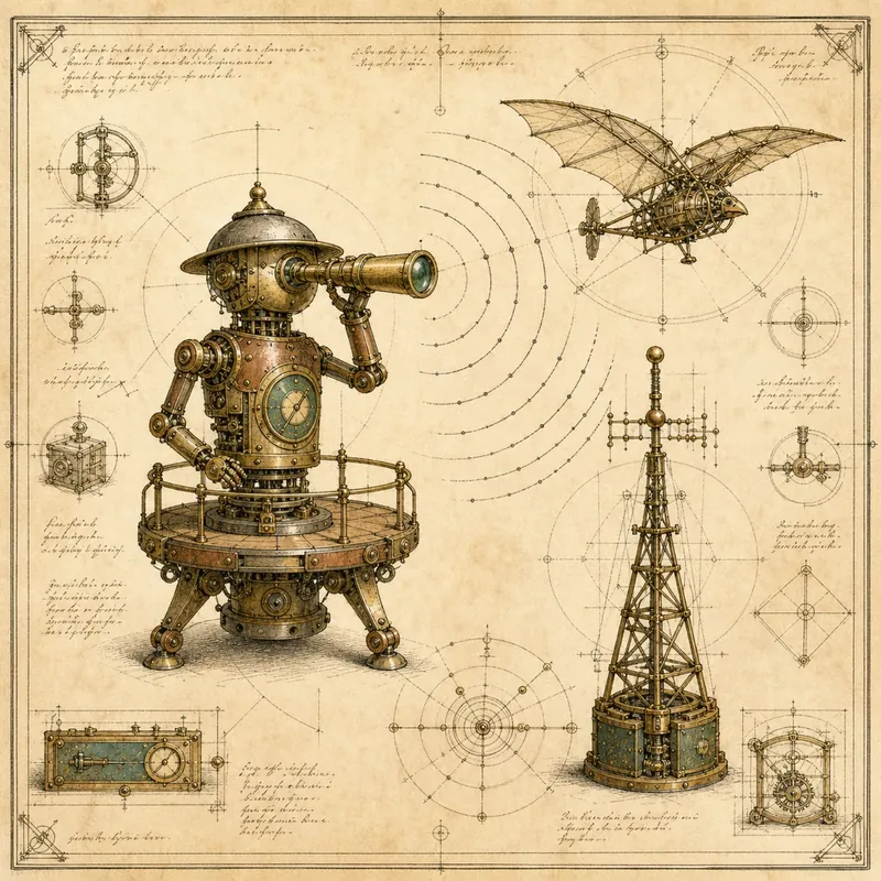 Engraved plate of an automaton sentinel watching a flying machine