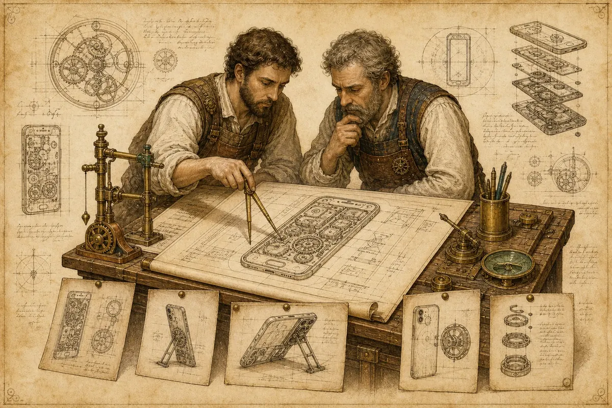 Engraved illustration of two craftsmen reviewing plans over a drafting table