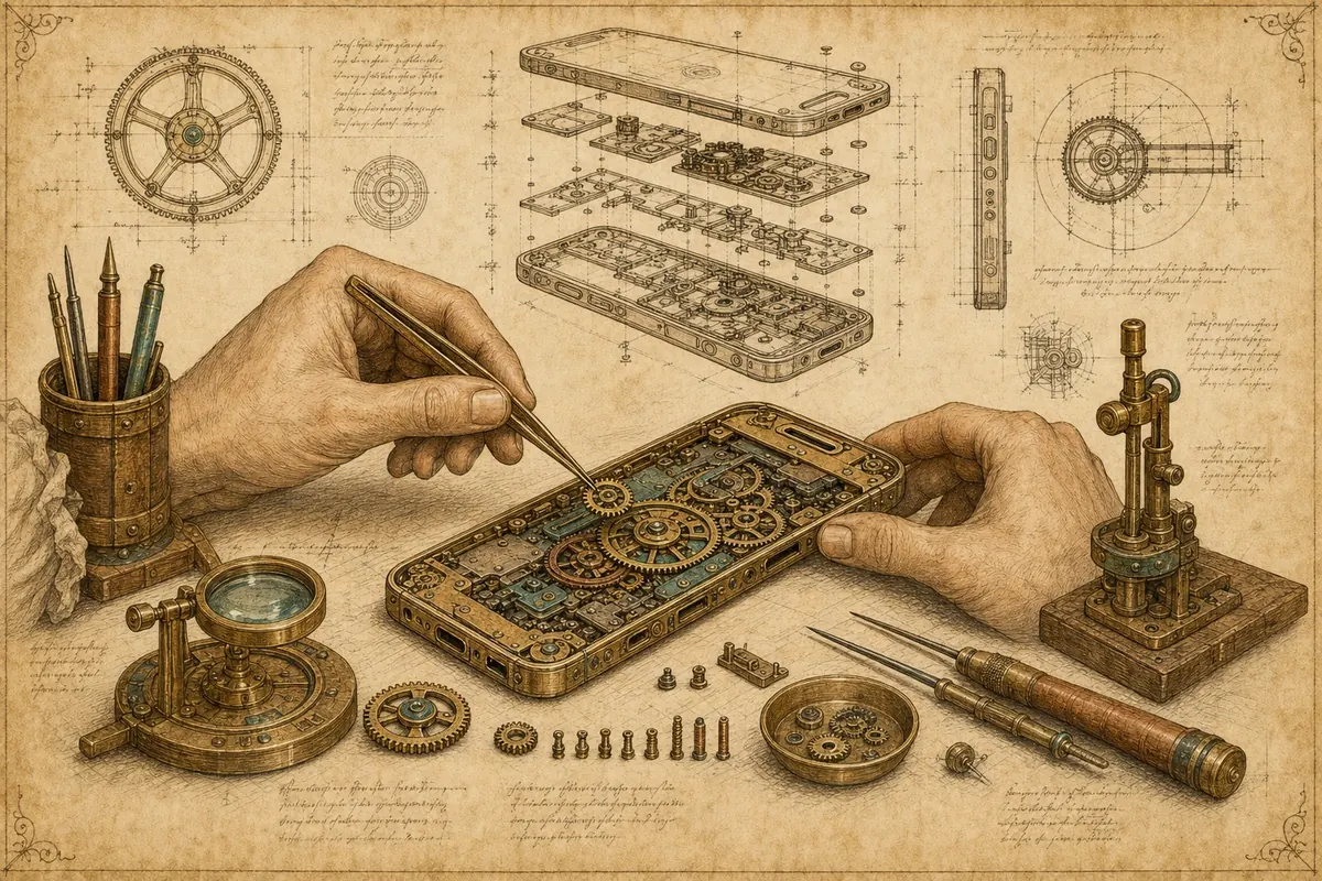 Engraved illustration of hands assembling a smartphone-shaped brass mechanism with tweezers