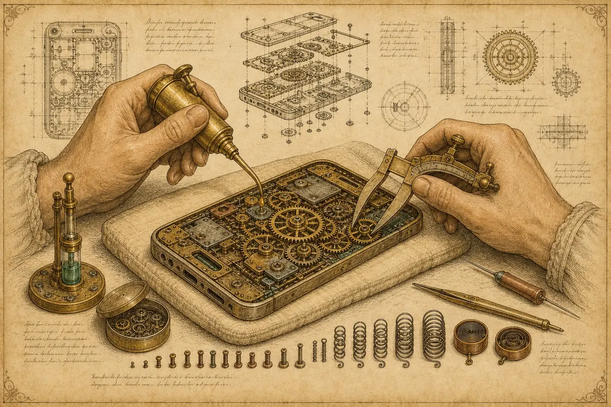 Engraved illustration of an open clockwork phone mechanism being oiled and measured with calipers