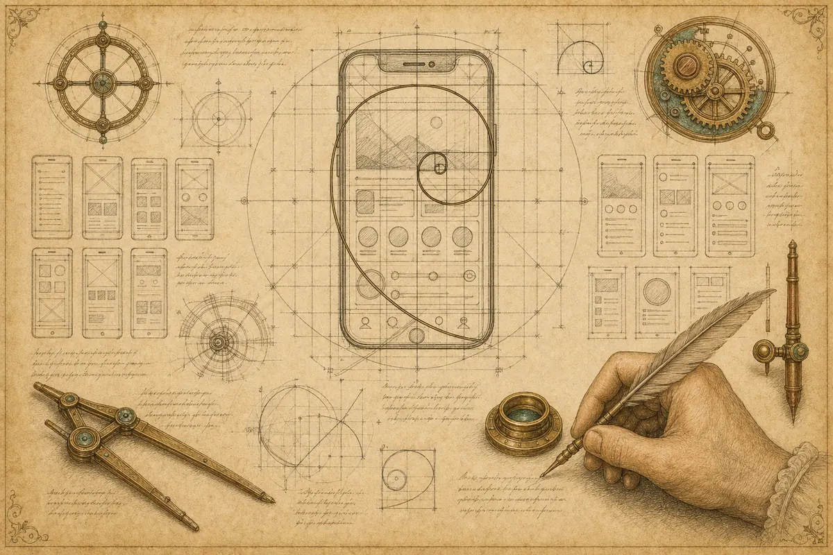 Engraved proportional study of a phone screen with golden-ratio construction lines